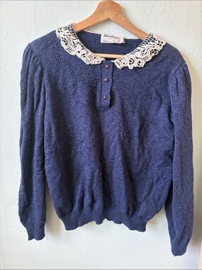 Helena Navy Knit Sweater with Lace Collar